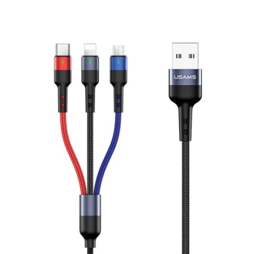 USAMS U26 3 az 1-ben 0.35m 2A gyorstöltésű fonott kábel,  lightning / microUSB / USB-C (US-SJ410) - 1