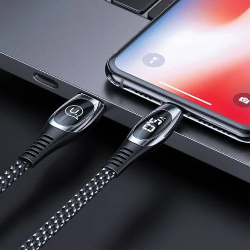 USAMS U36 fonott Lightning kábel 1,2 m 2A gyorstöltő LED kijelzővel fekete (US-SJ368) - 7