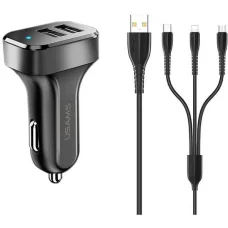 USAMS C13 autós töltő 2xUSB 2,1A 3 az 1-ben (microUSB / USB-C / Lightning) fekete