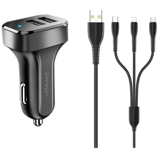 USAMS C13 autós töltő 2xUSB 2,1A 3 az 1-ben (microUSB / USB-C / Lightning) fekete - 1