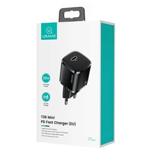 USAMS T36 mini töltő 1xUSB-C 20W + USB-C-Lightning kábel fekete PD 3.0 gyorstöltéssel (US-CC124 + US-SJ484) - 4