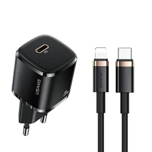 USAMS T36 mini töltő 1xUSB-C 20W + USB-C-Lightning kábel fekete PD 3.0 gyorstöltéssel (US-CC124 + US-SJ484) - 1