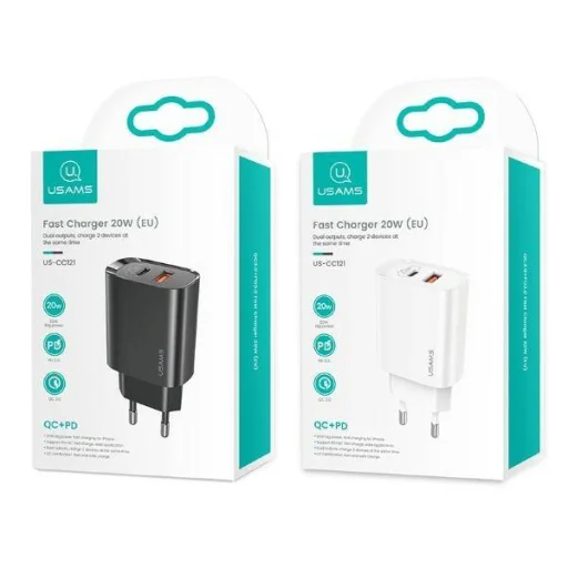 USAMS T35 hálózati töltő adapter 1xUSB-C + 1xUSB 20W PD3.0 + QC3.0 Gyorstöltés fekete (US-CC121) - 2