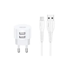 USAMS T20 hálózati töltő adapter 2xUSB 2,1A microUSB kábellel fehér