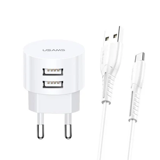 USAMS T20 hálózati töltő adapter 2xUSB 2,1A USB-C kábellel fehér - 1