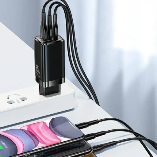 USAMS T33 hálózati töltő adapter MT 2xUSB-C + USB GaN 65W PD Gyorstöltéssel fekete (US-CC110) - 6