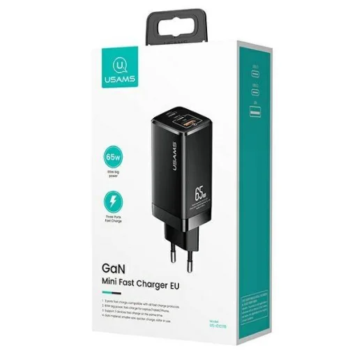 USAMS T33 hálózati töltő adapter MT 2xUSB-C + USB GaN 65W PD Gyorstöltéssel fekete (US-CC110) - 4