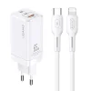 USAMS T33 hálózati töltő adapter MT 2xUSB-C + USB GaN 65W PD + USB-C-Lightning 30W gyorstöltő kábel fehér thumbnail