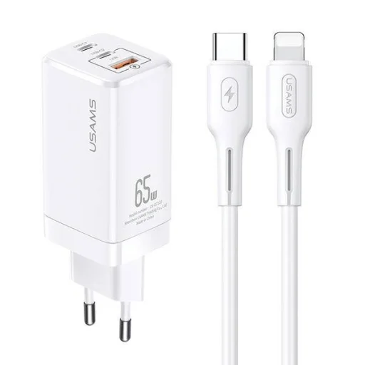 USAMS T33 hálózati töltő adapter MT 2xUSB-C + USB GaN 65W PD + USB-C-Lightning 30W gyorstöltő kábel fehér - 1