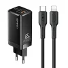 USAMS T33 hálózati töltő adapter MT 2xUSB-C + USB GaN 65W PD + USB-C-Lightning 30W gyorstöltő kábel fekete thumbnail
