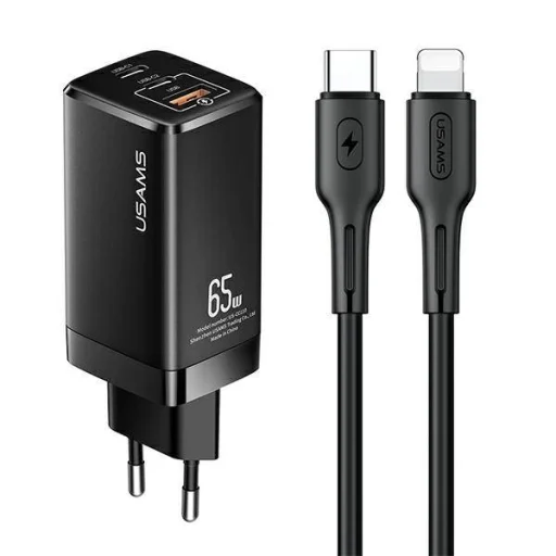 USAMS T33 hálózati töltő adapter MT 2xUSB-C + USB GaN 65W PD + USB-C-Lightning 30W gyorstöltő kábel fekete - 1