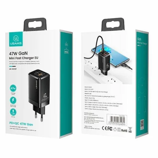 USAMS T41 hálózati töltő adapter USB-C + USB GaN 47W PD + QC Gyorstöltés fehér (US-CC137) - 7