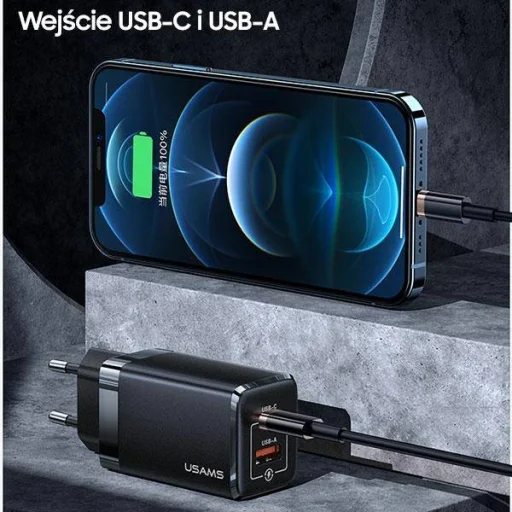 USAMS T41 hálózati töltő adapter USB-C + USB GaN 47W PD + QC Gyorstöltés fehér (US-CC137) - 3