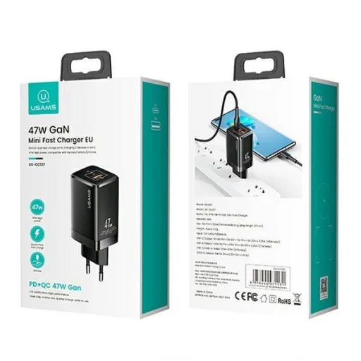 USAMS T41 hálózati töltő adapter USB-C + USB GaN 47W PD + QC Gyorstöltés fekete (US-CC137) - 4