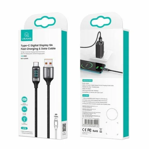 USAMS U78 USB-C gyorstöltő kábel 1,2 m LED kijelzővel 6A fehér (US-SJ544) - 2