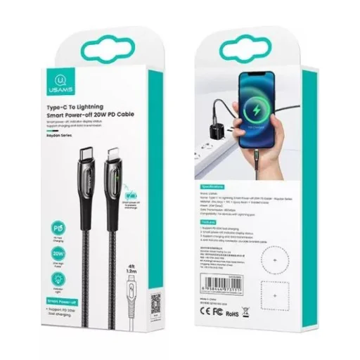 USAMS USB-C - Lightning kábel Smart Power-off 20 W PD 1,2 m fekete (US-SJ518) - 3