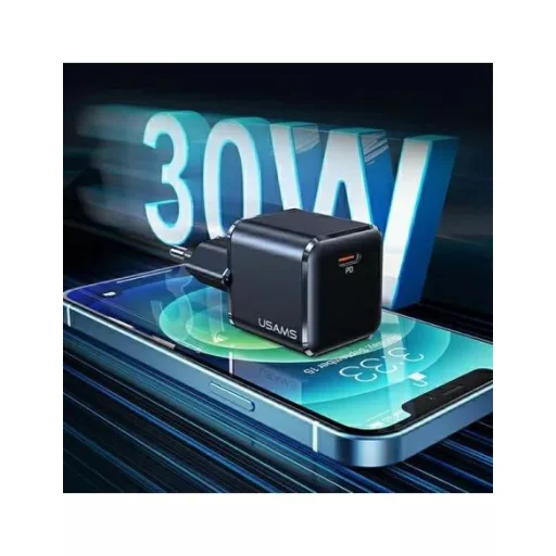 USAMS T45 hálózati töltő adapter USB-C 30W PD3.0 + QC3.0 gyorstöltés + kábel U63 USB-C / lightning fekete (USAMS-UX) - 8