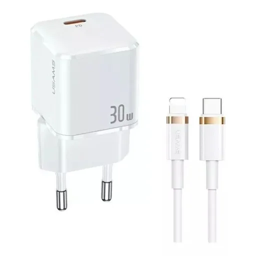 USAMS T45 hálózati töltő adapter USB-C 30W PD3.0 + QC3.0 gyorstöltés + kábel U63 USB-C / lightning fehér (USAMS-UX) - 1