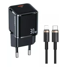 USAMS T45 hálózati töltő adapter USB-C 30W PD3.0 + QC3.0 gyorstöltés + kábel U63 USB-C / lightning fekete (USAMS-UX)