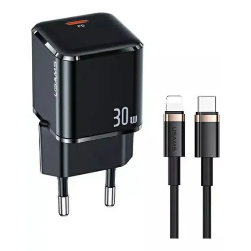USAMS T45 hálózati töltő adapter USB-C 30W PD3.0 + QC3.0 gyorstöltés + kábel U63 USB-C / lightning fekete (USAMS-UX) - 1