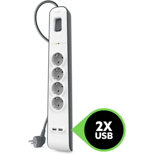 Belkin hálózati elosztó, hosszabbító 4x aljzat, 2x USB 2.4A - 2m  túlfeszültség elleni védelemmel (BSV401vf2M) fekete/fehér - 3