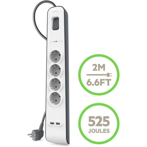 Belkin hálózati elosztó, hosszabbító 4x aljzat, 2x USB 2.4A - 2m  túlfeszültség elleni védelemmel (BSV401vf2M) fekete/fehér - 4