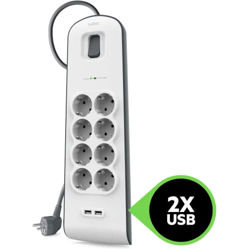 Belkin hálózati elosztó, hosszabbító 8x aljzat, 2x USB 2.4A - 2m  túlfeszültség elleni védelemmel (BSV804vf2M) fekete/fehér - 2