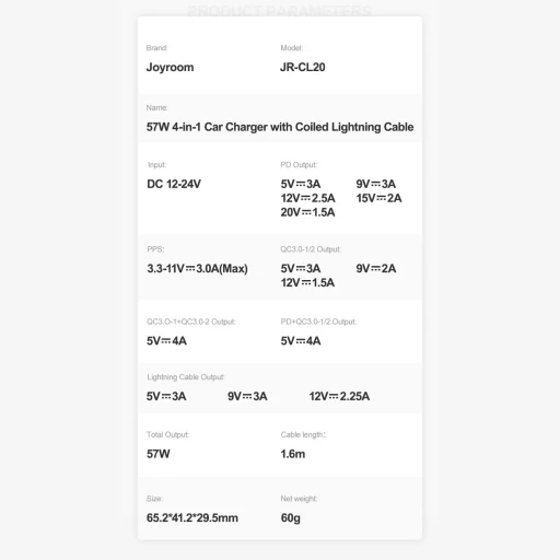 Joyroom 4 az 1-ben gyors autós töltő PD, QC3.0, AFC, FCP 1,6 m-es 57 W-os Lightning kábellel, fekete (JR-CL20) - 4
