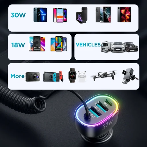 Joyroom 4 az 1-ben gyors autós töltő PD, QC3.0, AFC, FCP 1,6 m-es 57 W-os Lightning kábellel, fekete (JR-CL20) - 5