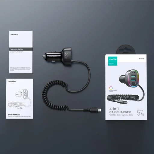 Joyroom 4 az 1-ben gyors autós töltő PD, QC3.0, AFC, FCP 1,6 m-es 57 W-os Lightning kábellel, fekete (JR-CL20) - 7