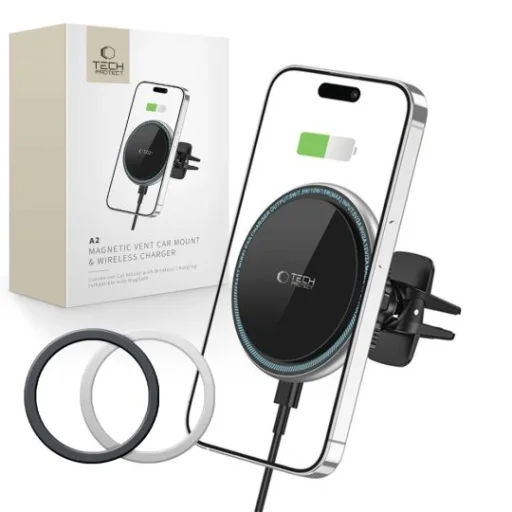 Tech-Protect A2 mágneses autós telefontartó szellőzőrácshoz vezeték nélküli töltéssel 15W fekete Magsafe - 1