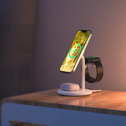 Choetech 3 az 1-ben mágneses, vezeték nélküli töltőállomás MagSafe-kompatibilis iPhone, Apple Watch, AirPods számára (T585-F) fehér - 2