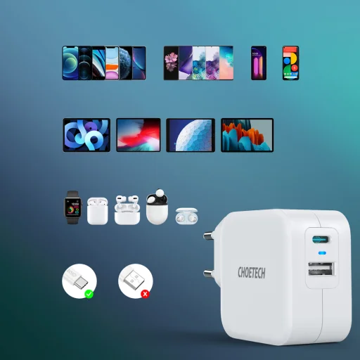 Choetech hálózati töltő adapter QC PD 38W 5A USB Type C + USB-A fehér (PD5002-EU) - 3