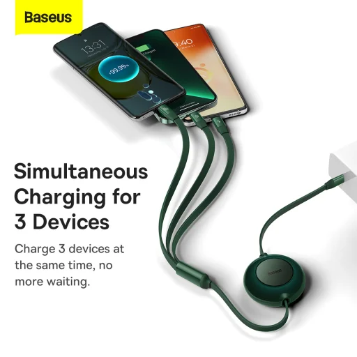 Baseus Bright Mirror2 3 az 1-ben kábel Type C - Type C, micro USB, Lightning 100W 1.1 m zöld - 4