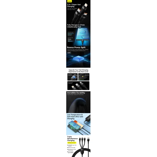 Baseus Flash Series II 3 az 1-ben kábel USB, Type C - Type C, Lightning, microUSB 100W 1.2 m fekete - 6