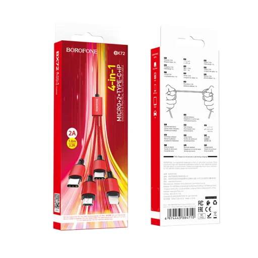 Borofone BX72 4 az 1-ben USB - 2xType C, micro USB, Lightning kábel 2A 1 m piros - 4
