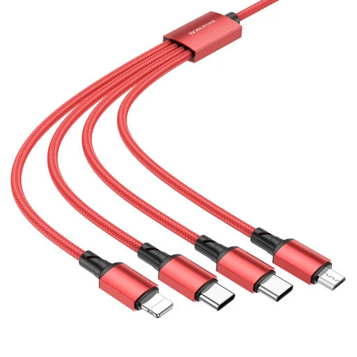 Borofone BX72 4 az 1-ben USB - 2xType C, micro USB, Lightning kábel 2A 1 m piros - 2