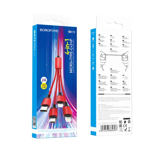 Borofone BX72 4 az 1-ben USB - Type C, micro USB, 2xLightning kábel 2A 1 m piros - 3