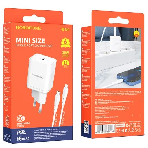 Borofone BN6 hálózati töltő adapter Type C QC 3.0 PD 20W + Type C - Lightning kábel fehér - 6
