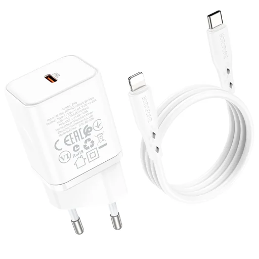 Borofone BN6 hálózati töltő adapter Type C QC 3.0 PD 20W + Type C - Lightning kábel fehér - 10