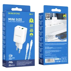 Borofone BN7 hálózati töltő adapter USB+Type C QC 3.0 PD 20W + Type C - Lightning kábel fehér