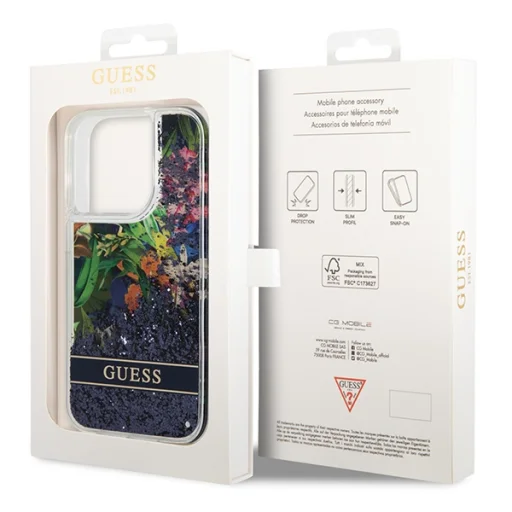 iPhone 14 Pro Guess Liquid Glitter Flower csillámos tok kék (GUHCP14LLFLSB) - 5