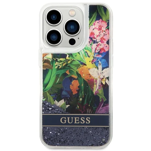 iPhone 14 Pro Guess Liquid Glitter Flower csillámos tok kék (GUHCP14LLFLSB) - 6