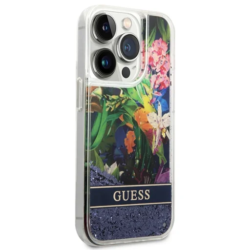 iPhone 14 Pro Guess Liquid Glitter Flower csillámos tok kék (GUHCP14LLFLSB) - 8