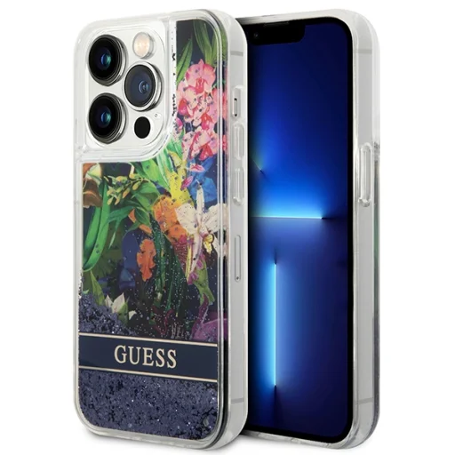 iPhone 14 Pro Guess Liquid Glitter Flower csillámos tok kék (GUHCP14LLFLSB) - 2