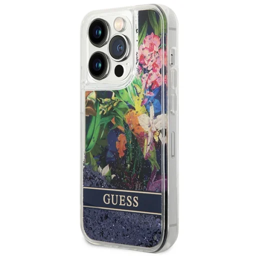 iPhone 14 Pro Guess Liquid Glitter Flower csillámos tok kék (GUHCP14LLFLSB) - 3