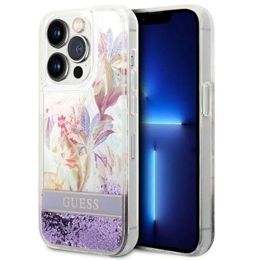 iPhone 14 Pro Guess Liquid Glitter Flower csillámos tok lila (GUHCP14LLFLSU) - 1