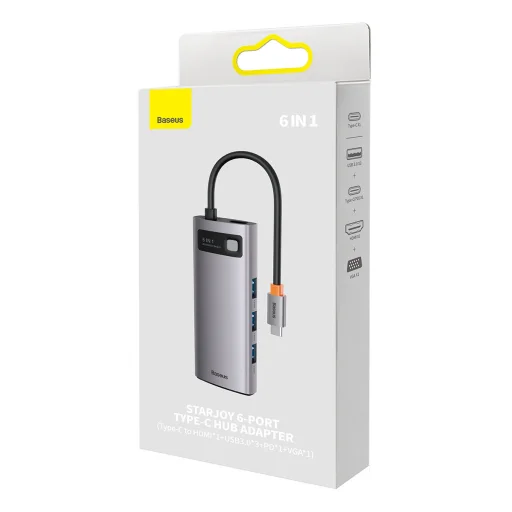 Baseus Metal Gleam Series 6 az 1-ben dokkoló, HUB USB Type C - 1 x HDMI / 3 x USB 3.2 Gen. 1/1 x Power Delivery / 1 x VGA szürke (WKWG030013) - 14