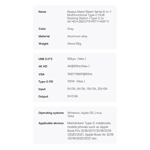 Baseus Metal Gleam Series 6 az 1-ben dokkoló, HUB USB Type C - 1 x HDMI / 3 x USB 3.2 Gen. 1/1 x Power Delivery / 1 x VGA szürke (WKWG030013) - 26