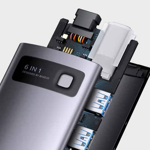 Baseus Metal Gleam Series 6 az 1-ben dokkoló, HUB USB Type C - 1 x HDMI / 3 x USB 3.2 Gen. 1/1 x Power Delivery / 1 x VGA szürke (WKWG030013) - 7